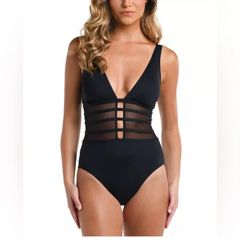 New! La Blanca Island Goddess Over the Shoulder Mesh One Piece Swimsuit Black 12